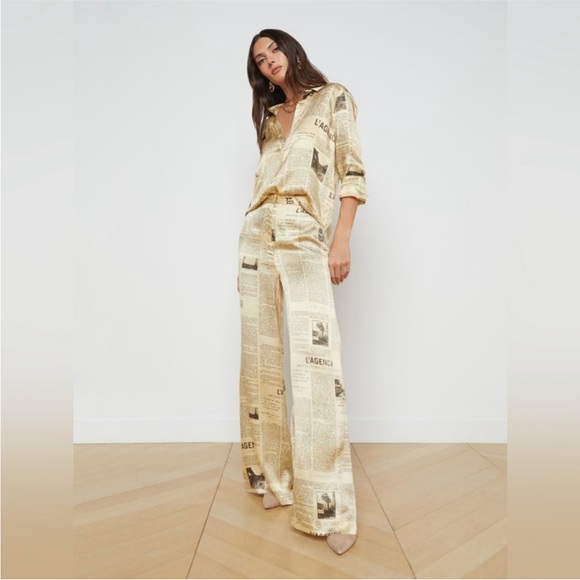 L'AGENCE Pants - L’AGENCE black & cream newspaper print silk wide leg trousers 0